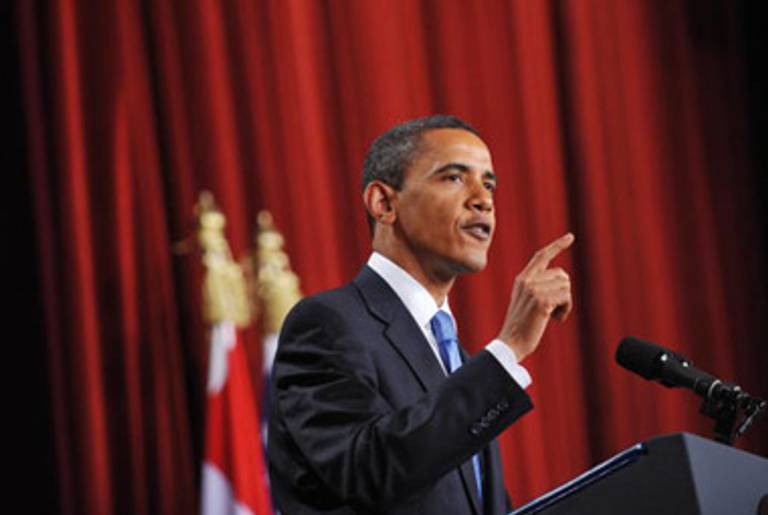 Obama delivering his Cairo address.(AFP/Getty Images)