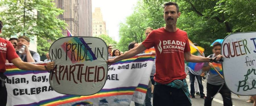 Protesters from Jewish Voices for Peace surround the LGBT marchers at the Celebrate Israel Parade, June 4, 2017.
