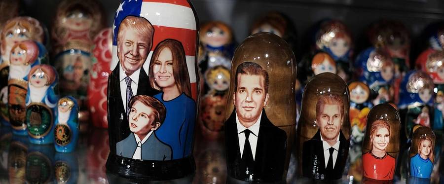 A traditional Russian nesting doll painted with the likeness of President of Donald Trump and his family is displayed for sale at a Moscow store on March 5, 2017 in Moscow, Russia.