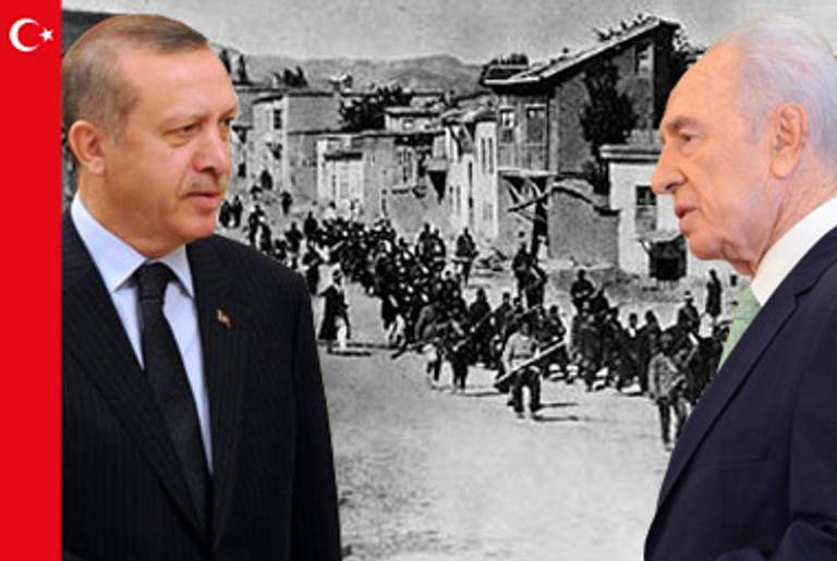 Recep Tayyip Erdogan, Shimon Peres, and the Armenian Genocide.(Collage: Tablet Magazine; Erdogan photo: Aamir Qureshi/AFP/Getty Images; Peres photo: Amos BenGershom/GPO via Getty Images; background photo: Wikimedia Commons)