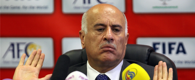 Palestinian football chief Jibril Rajoub gestures during a press conference in the West Bank city of Ramallah, on June 2, 2015.