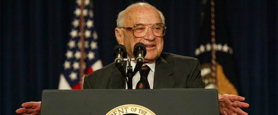 Milton Friedman, recipient of the 1976 Nobel Prize for economic science, speaks at The While House in Washington, D.C., May 9, 2002. 
