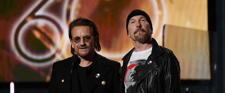 Bono and The Edge from U2 stand on stage during the 60th Annual Grammy Awards show on January 28, 2018, in New York.
