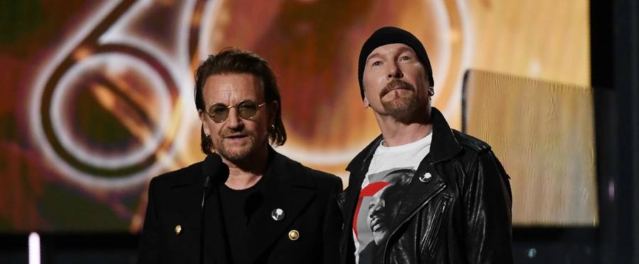 Bono and The Edge from U2 stand on stage during the 60th Annual Grammy Awards show on January 28, 2018, in New York.