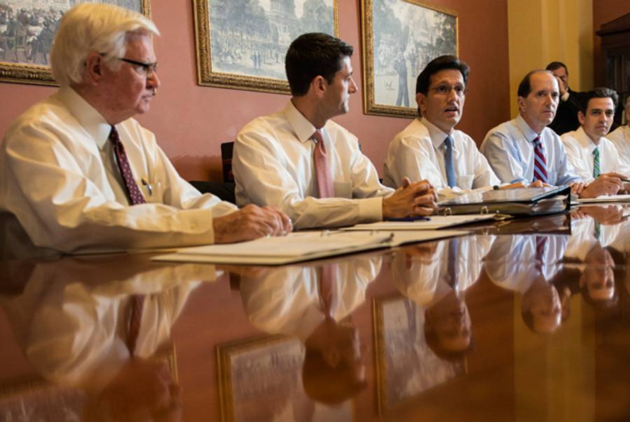 From left Rep. Hal Rogers (R-KY), Rep. Paul Ryan (R-WI), Rep. Eric Cantor (R-VA), Rep. Dave Camp (R-MI) and Rep. Tom Graves (R-GA) speaks to the press with other House Republican conferees on Capitol Hill October 1, 2013 in Washington, DC. (BRENDAN SMIALOWSKI/AFP/Getty Images)