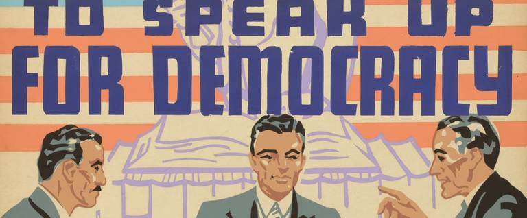 Detail of a Works Progress Administration poster [between 1935 and 1943]: 'To speak up for democracy, read up on democracy.'