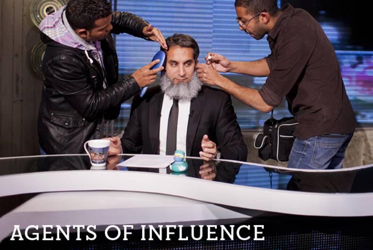 Bassem Youssef gets last-minute touch-ups before his scene as Hazem Salah Abu Ismail, an ultra-conservative presidential candidate, March 3, 2012. (David Degner/Getty Images)