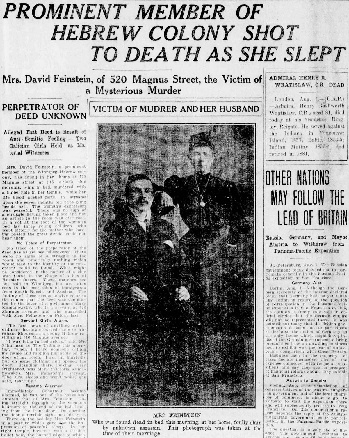 The front page of the 'Winnipeg Tribune' on the day of the murder, Aug. 1, 1913