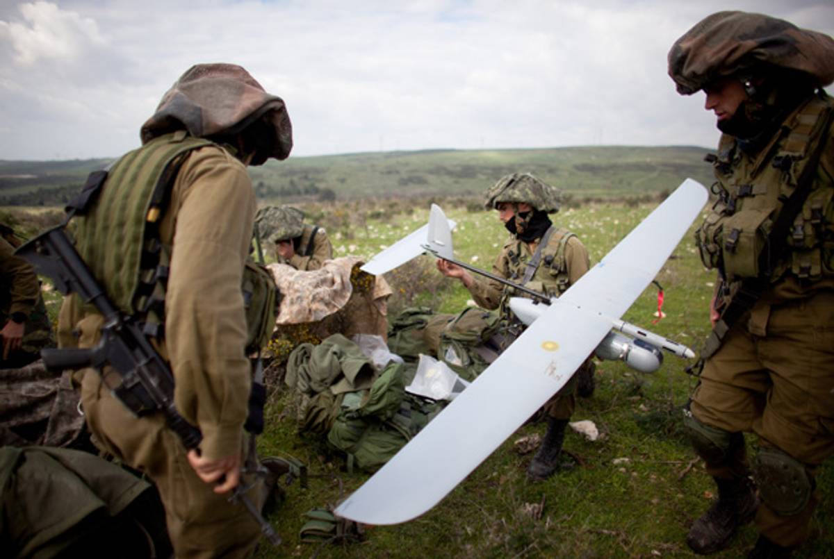 Israeli soldiers get ready to launch the Skylark drone during a drill on Jan. 16, 2012, near Bat Shlomo, Israel.(Uriel Sinai/Getty Images)