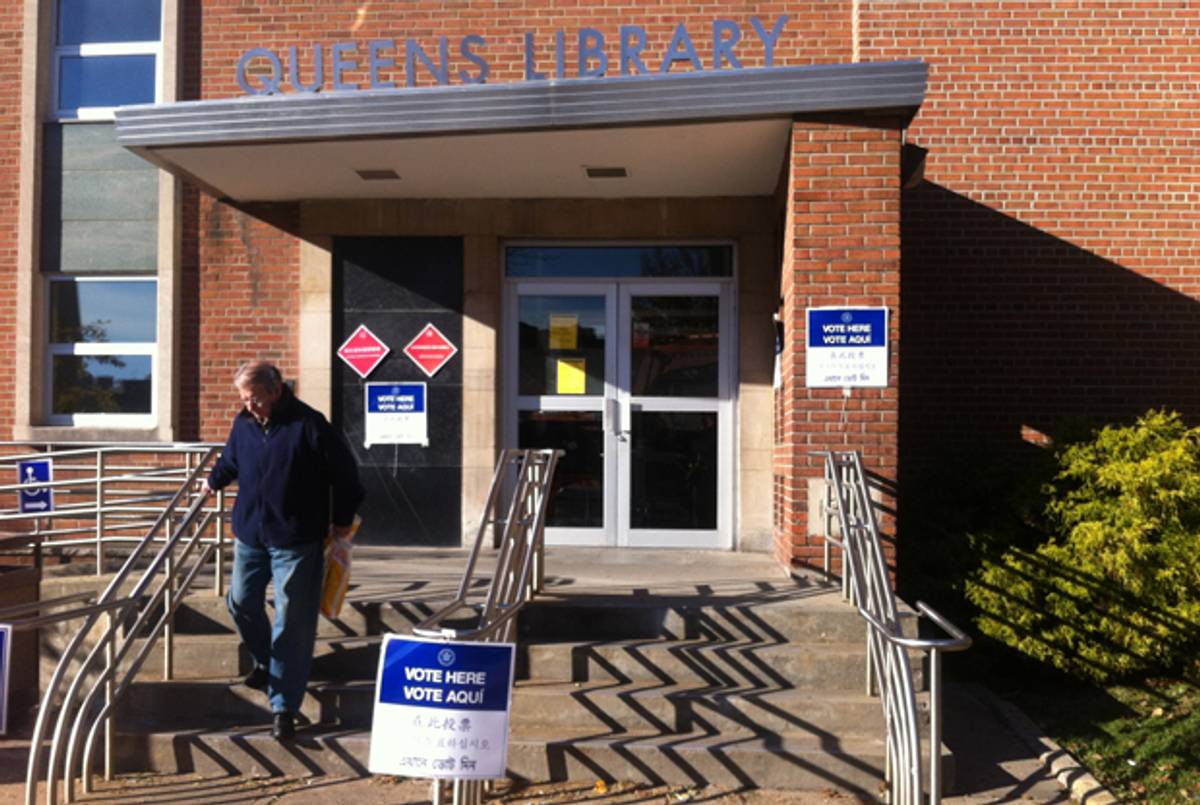 A voter leaves the Queens library on Nov. 6, 2012. (Photo by the author.)