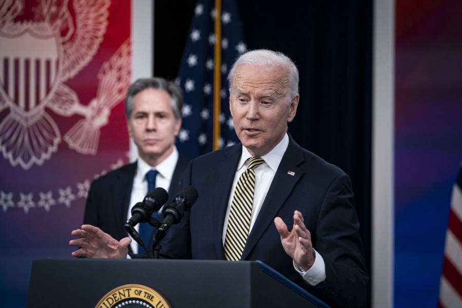 President Joe Biden speaks on U.S. assistance to Ukraine as Secretary of State Antony Blinken listens in Washington, D.C., on March 16, 2022