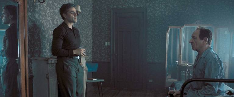Oscar Isaac (left) stars as Peter Malkin and Ben Kingsley stars as Adolf Eichmann in 'Operation Finale.'