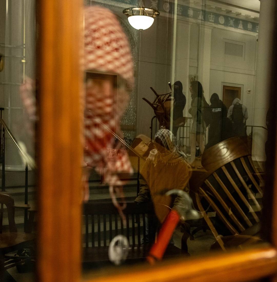 Demonstrators supporting Palestinians in Gaza barricade themselves inside Hamilton Hall, an academic building in New York City that has been occupied in past student movements, on April 30, 2024