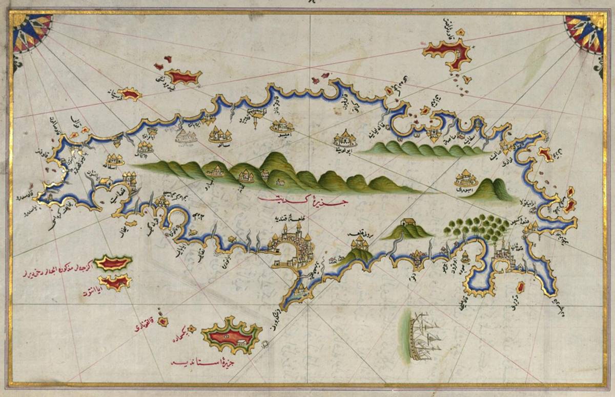 View of Crete from a 16th-century Turkish map. Piri Reis. ‘Kitabı bahriye.’ Facsimile edition. Istanbul, 1935. (Near Eastern Section, Library of Congress.)