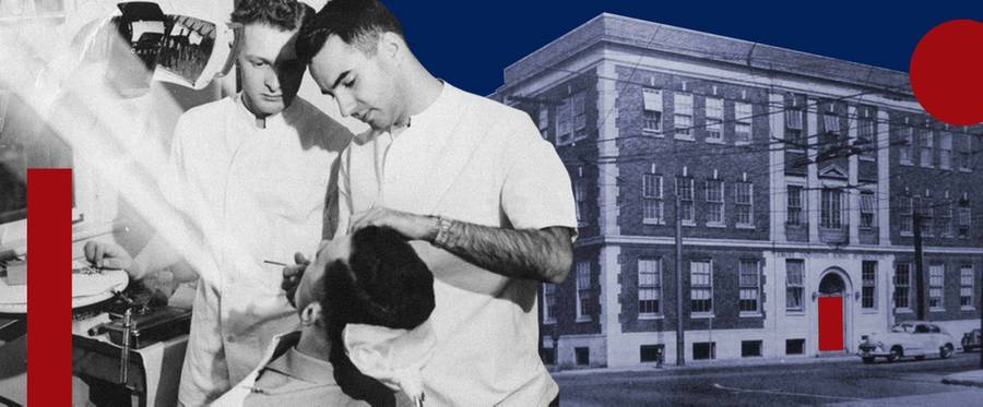 Perry Brickman, at right, at the Air Force dental clinic, soon after graduating from the University of Tennessee dental school in 1956. In the background, Emory University dental school in Atlanta in the 1940s 