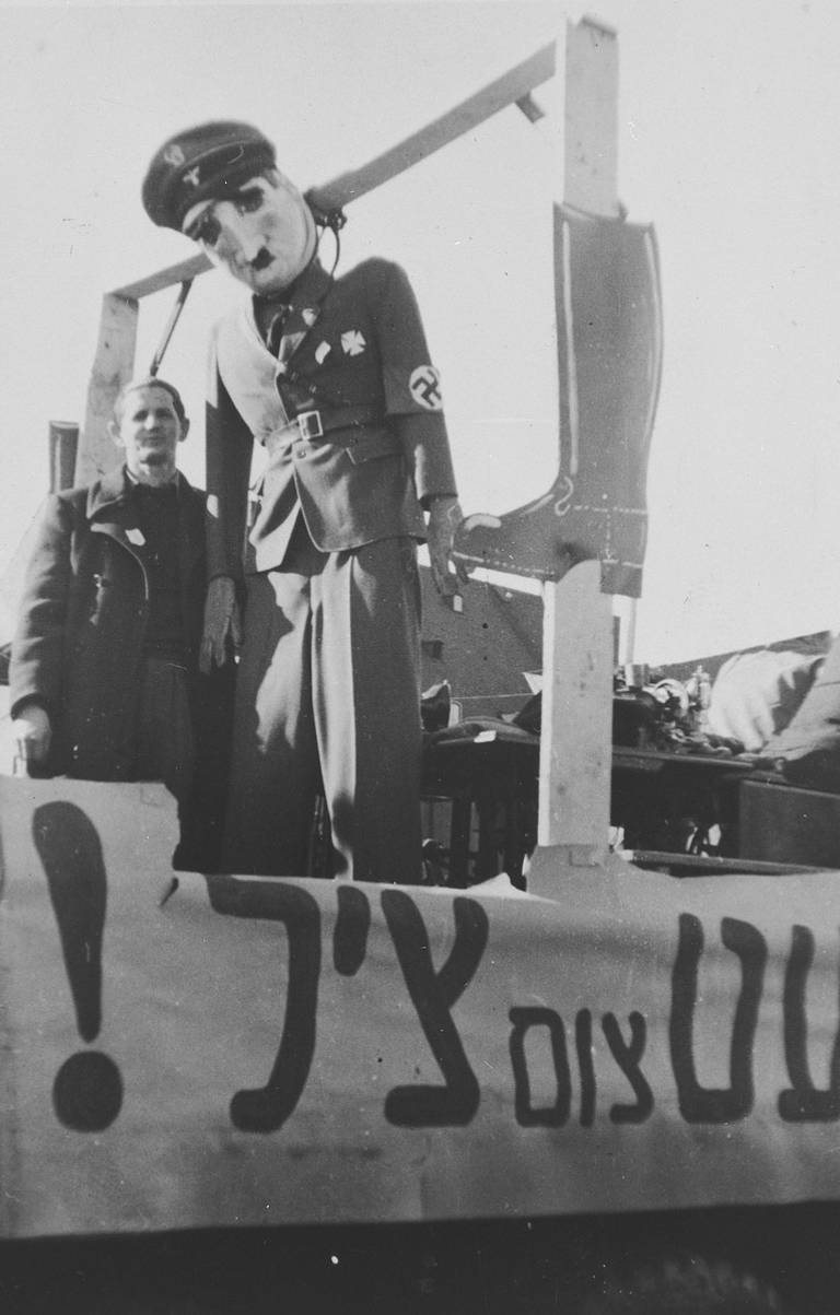An effigy of Adolf Hitler hangs in the Landsberg DP camp, between 1946 and 1948