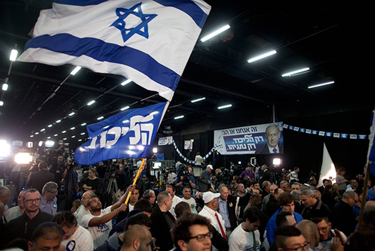 Supporters of Israeli Prime Minister Benjamin Netanyahu at his election campaign headquarters in Tel Aviv, Israel on March 17, 2015. (Lior Mizrahi/Getty Images)