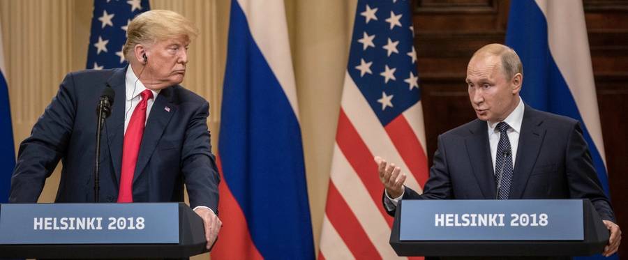 U.S. President Donald Trump and Russian President Vladimir Putin during a joint press conference after their summit on July 16, 2018 in Helsinki, Finland.