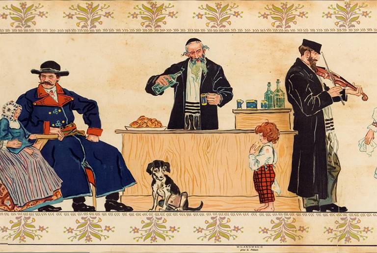 Detail of lithograph of gentiles in a Jewish tavern, by G. Pillati, published by A. Chlebowski, “Swit,” and printed by B. Wierzbicki and Sons, Warsaw.(Moldovan Family Collection via YIVO Encyclopedia)