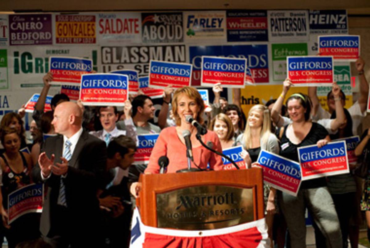 Gabrielle Giffords speaking supporters in Tucson, Arizona, on election night 2010.(Tom Willett/Getty Images)