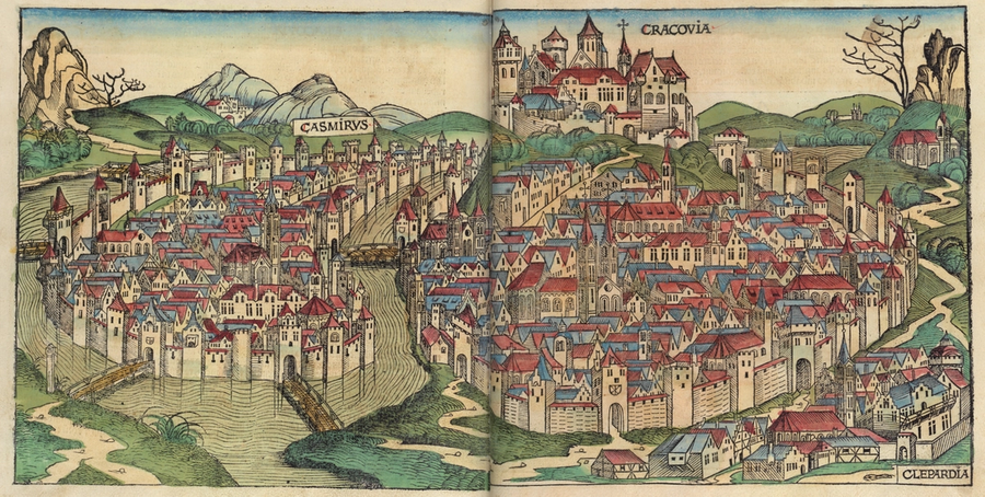 Cracovia (Cracow) in a 1493 woodcut from Hartmann Schedel's 'Nuremberg Chronicle'; view facing west, with Casmirus (Kazimierz) on the left