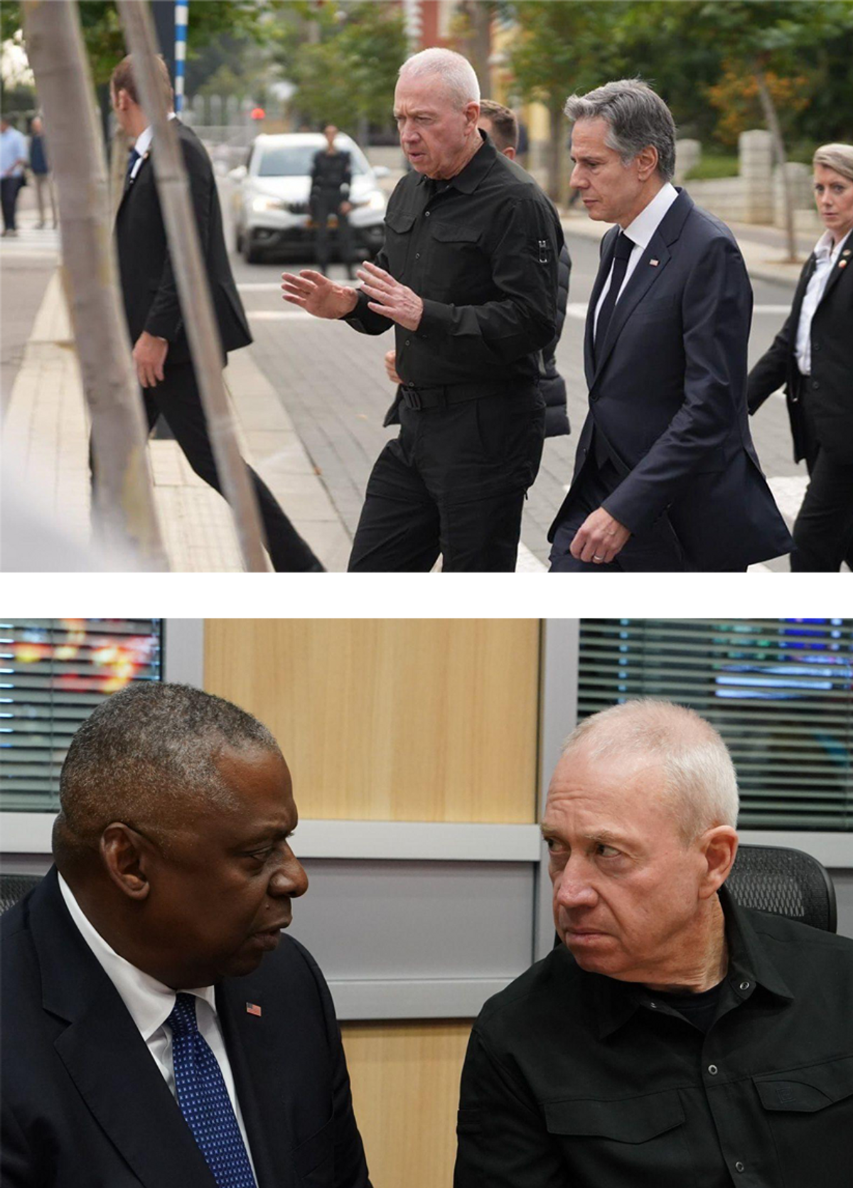 Top: Gallant with Antony Blinken in Tel Aviv, January 09, 2024; bottom: with Lloyd Austin in Tel Aviv, October 13, 2023