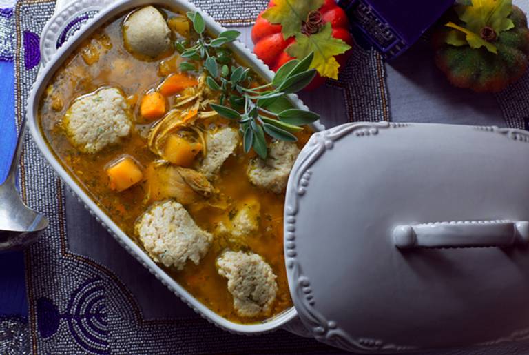 Turkey and Root Vegetable Soup with Sage-Scented Matzo Balls. (Marjorie Druker)