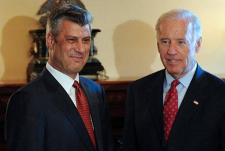 Kosovo Prime Minister Hashim Thaci and Vice President Biden, yesterday.(Tim Sloan/AFP/Getty Images)
