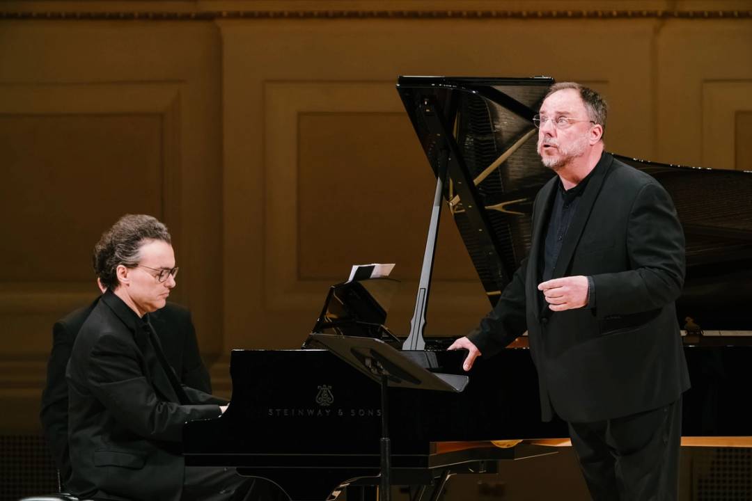 Matthias Goerne, at right, and Evgeny Kissin performing at Carnegie Hall on April 25, 2024