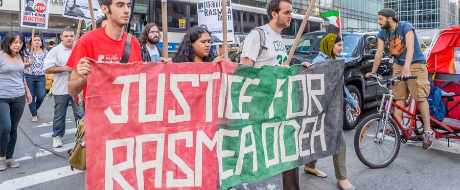 June 10, 2016: Supporters of Palestinian American leader Rasmea Odeh conduct a rally to demand justice in her case. Odeh, an icon in the Palestinian community, was convicted on a politically-motivated immigration charge in 2014, and sentenced to 18 months in prison and deportation. 