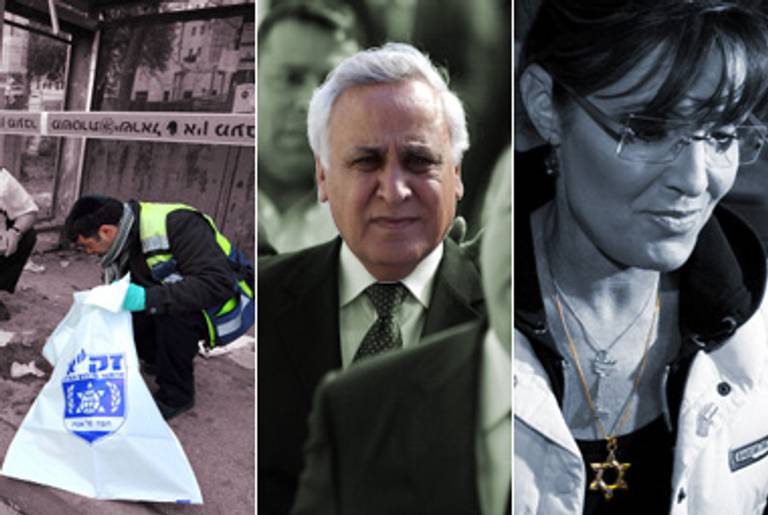 The Jerusalem bomb scene, March 23; Moshe Katsav arrives at court for sentencing, March 22; Sarah Palin at the Western Wall, March 20.(Yoav Ari Dudkevitch/Getty Images; Jack Guez/AFP/Getty Images; Ilia Yefimovich/AFP/Getty Images)