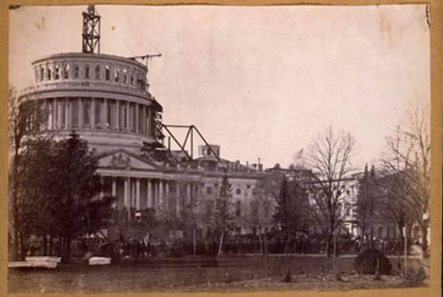President Lincoln's first inauguration on March 4, 1861, at the unfinished Capitol.(Library of Congress)
