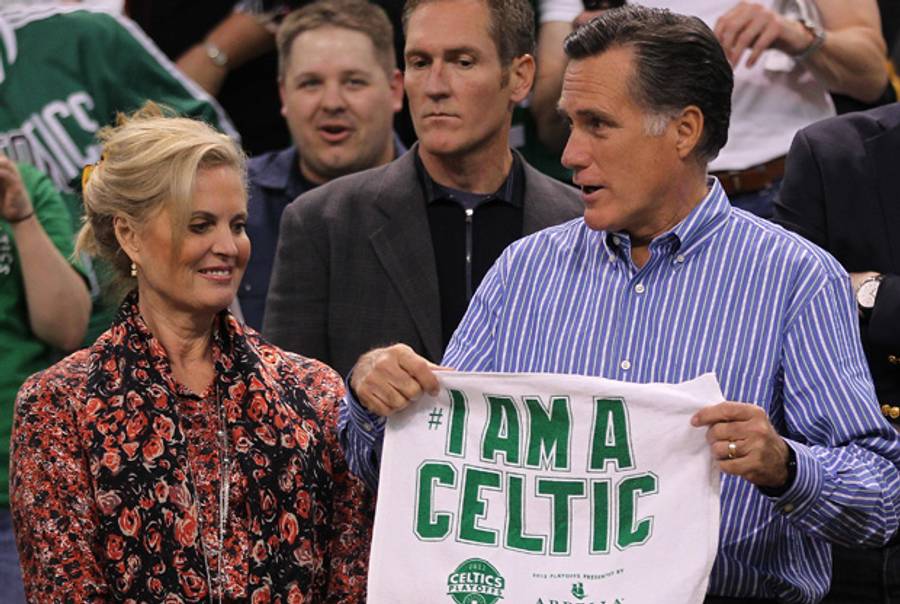 Ann and Mitt Romney at the Boston Celtics playoffs game Sunday.(Jim Rogash/Getty Images)