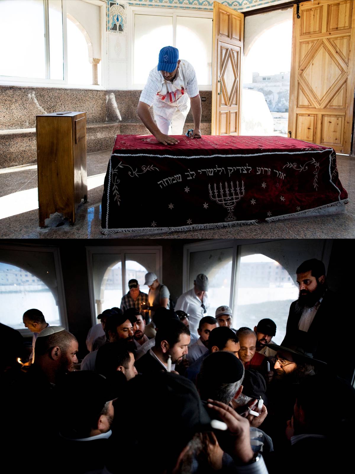 Top photo: Mouhssine Arouche tends to the tomb of the Jewish saint Rabbi Haim Pinto in the 400 year old cemetery of Essaouira. Arouche has been the guardian of the cemetery for 10 years. Before him, his grandfather was the guardian. Bottom photo: Rabbi Youseph Pinto, who lives in Israel, lights the candles of pilgrims visiting the tomb of his grandfather, Rabbi Haim Pinto.