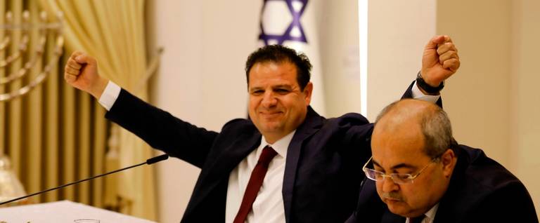 Member of the Joint List Ayman Odeh, at left, reacts next to Ahmad Tibi, right, during a consultation with the Israeli president, to decide whom to task with trying to form a new government, in Jerusalem, on Sept. 22, 2019