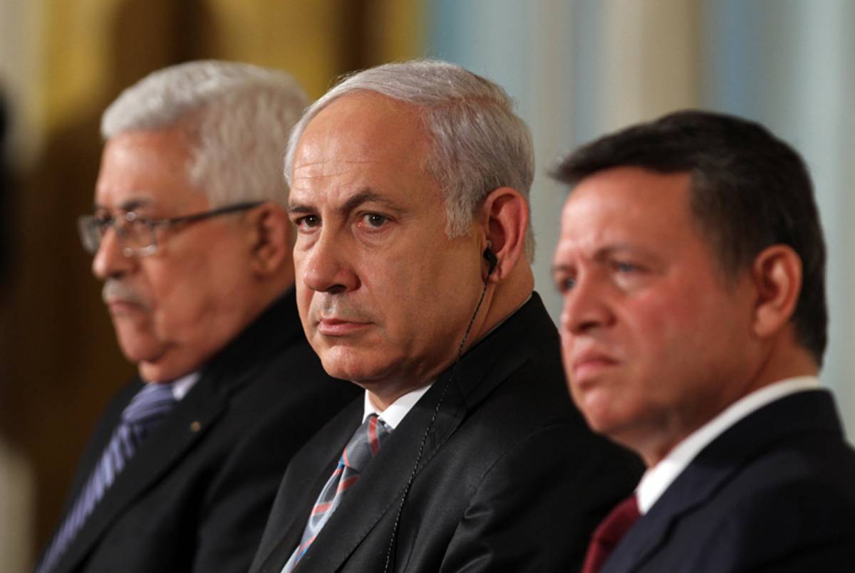 Palestinian Authority President Mahmoud Abbas, Israeli Prime Minister Benjamin Netanyahu, and Jordan's King Abdullah II listen to remarks after holding meetings with President Barack Obama on restarting Middle East peace talks Sept. 1, 2010, at the White House.(Chris Kleponis/AFP/Getty Images)