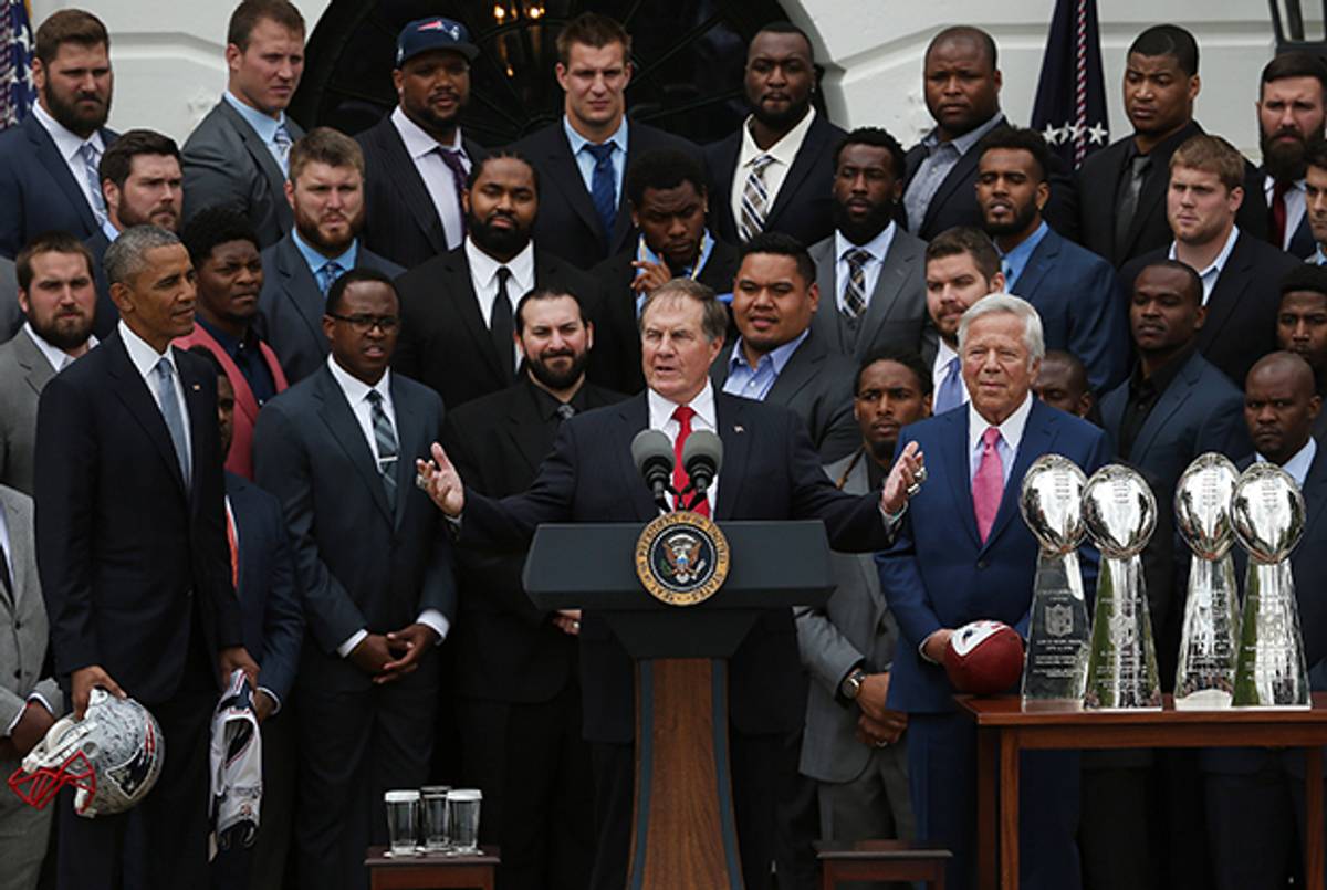 New England Patriots head coach Bill Belichick speaks during Super Bowl champion New England Patriots' visit to the White House on April 23, 2015. (Win McNamee/Getty Images)
