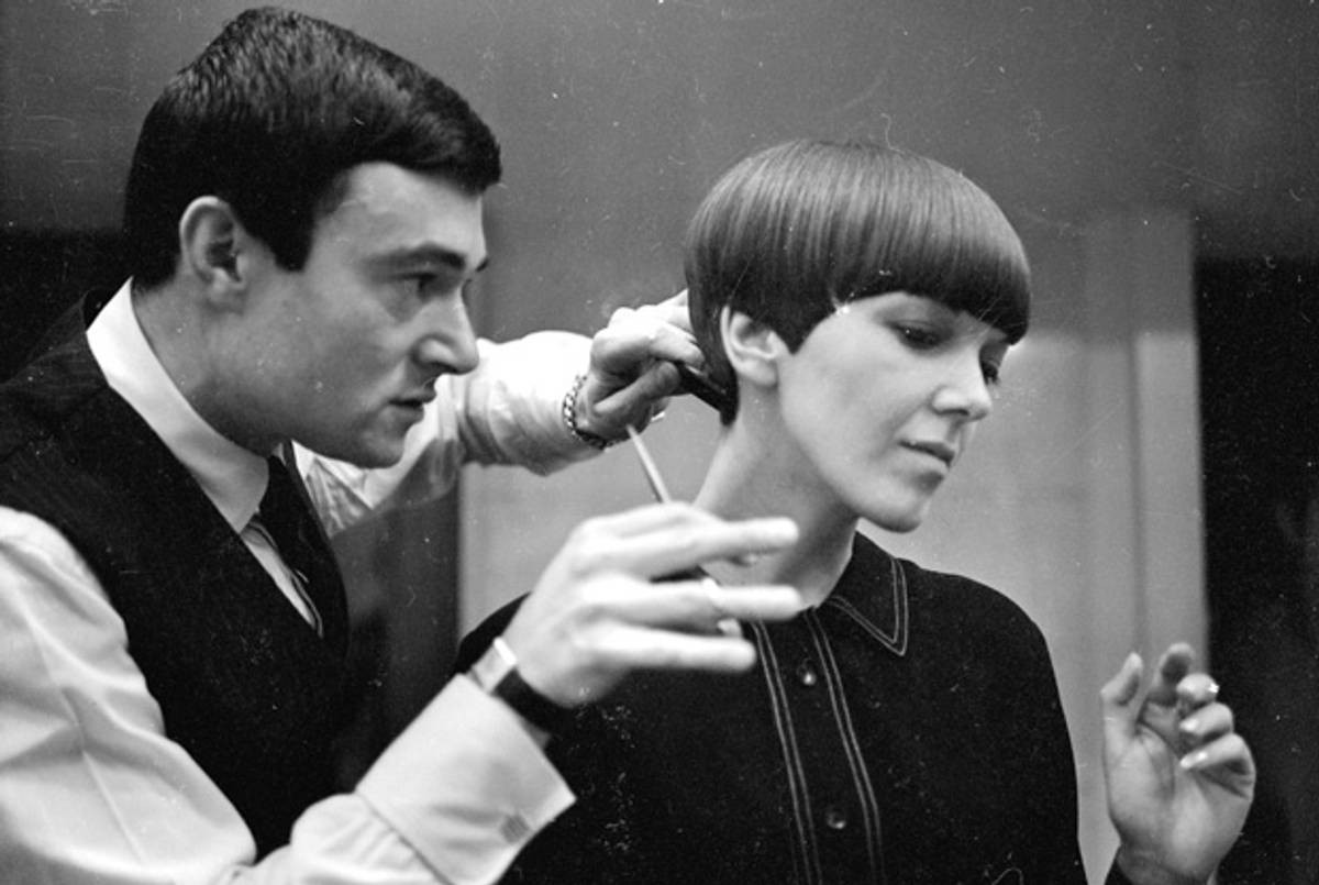 13 Nov 1964 Clothes designer Mary Quant, one of the leading lights of the British fashion scene in the 1960's, having her hair cut by another fashion icon, hairdresser Vidal Sassoon.(Ronald Dumont/Getty Images)