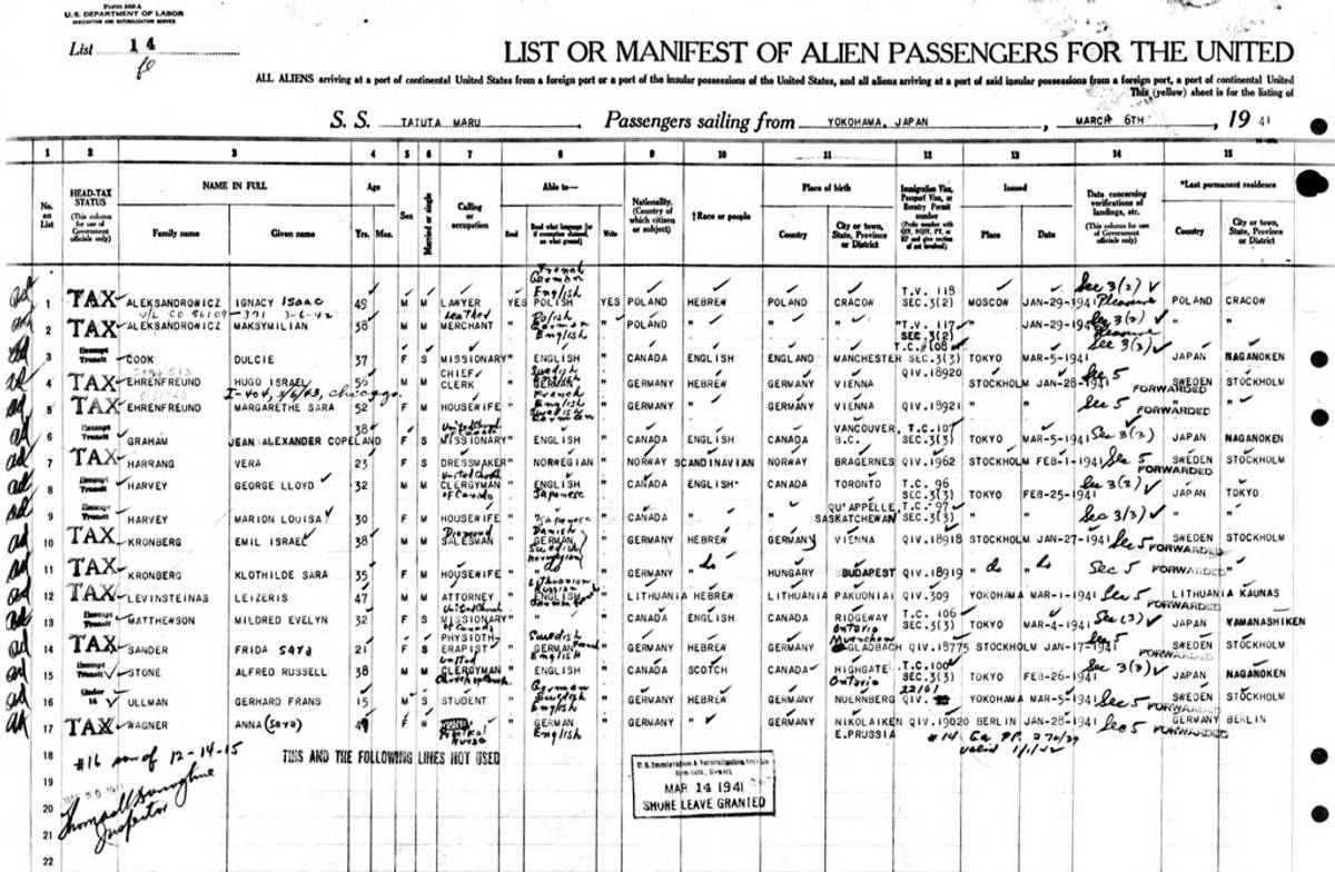 Passenger list from Yokohama to San Francisco that shows Vera Harrang and Emil Kronberg and his then-wife. (Photo: Mark Halpern)