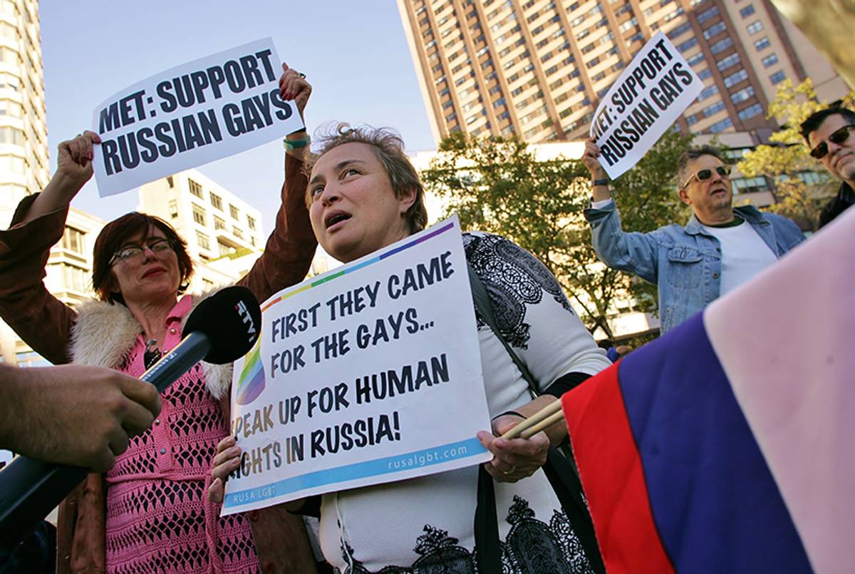 Yelena Goltsman, center, at a protest outside the Metropolitan Opera’s gala opening on Sept. 23, 2013.(Sam Spokony/Gay City News)