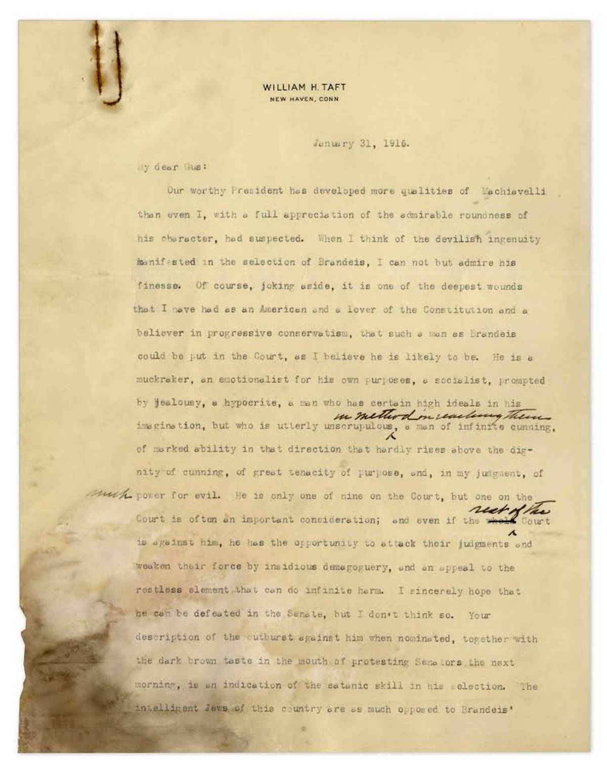 Page one of Taft’s letter.
