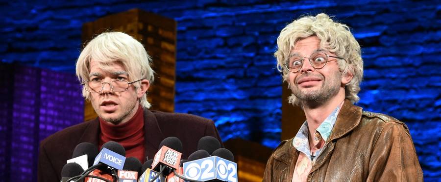 John Mulaney (L) and Nick Kroll conduct interviews in character during a press conference for 'Oh, Hello' at the Cherry Lane Theatre in New York City, December 8, 2015.