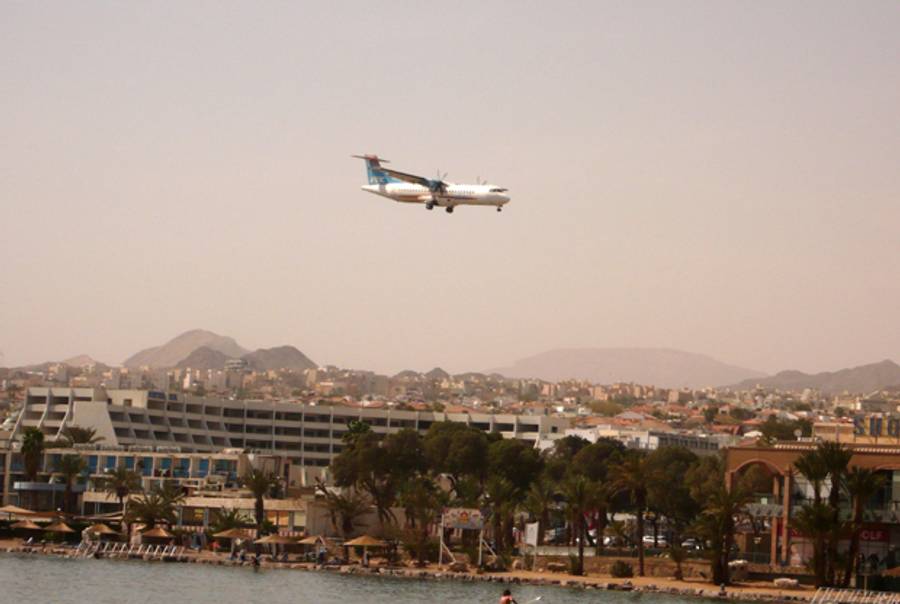 A picture taken on February 24, 2011 shows a Israir company plane preparing to land at the airport in the centre of the Israeli Red Sea resort of Eilat.(JACK GUEZ/AFP/Getty Images)