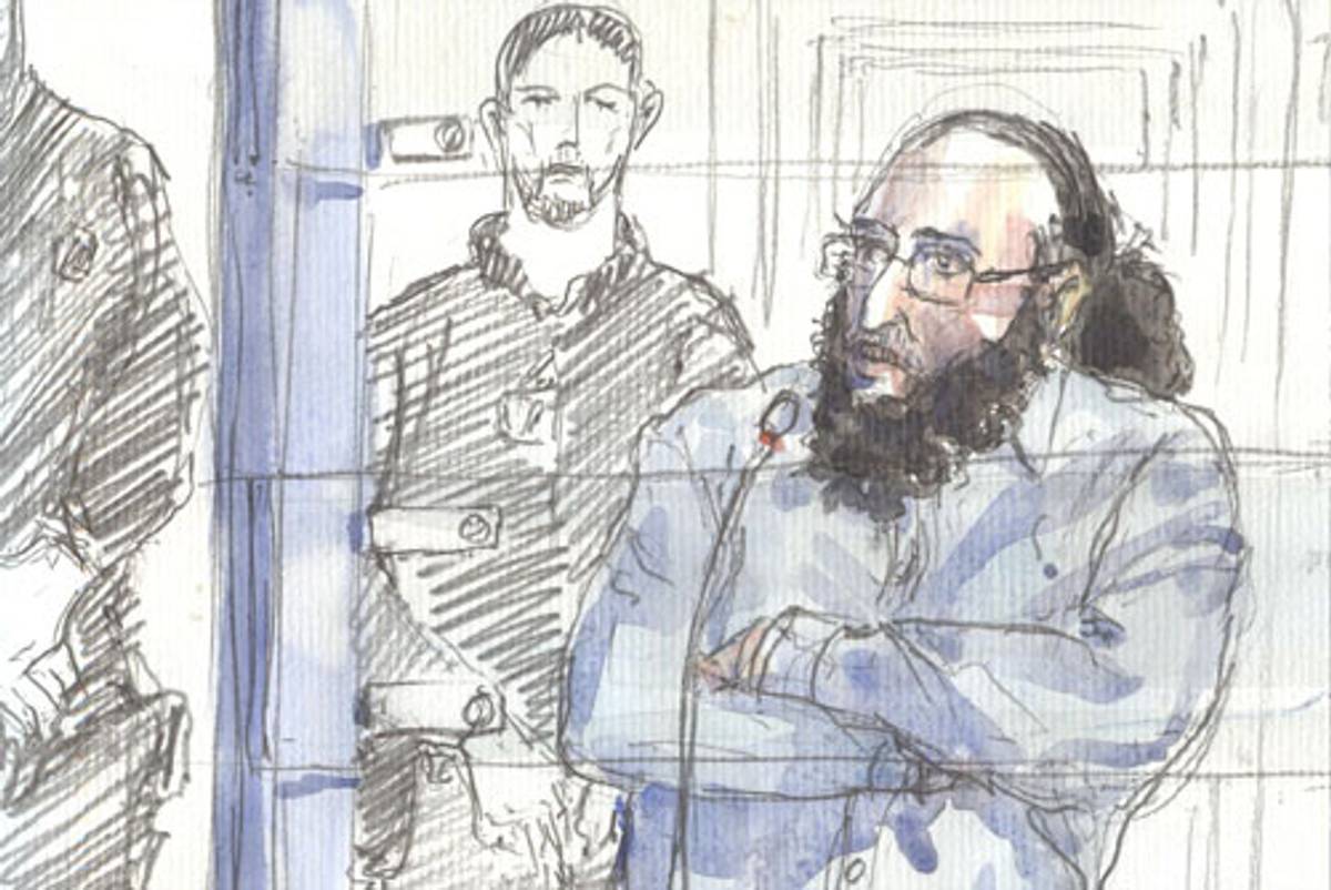 A court sketch made on Oct. 20, 2017 at the Paris courthouse, shows Abdelkader Merah talking to the court during his trial for complicity in the series of shootings committed by his brother Mohamed in Toulouse and Montauban in 2012. (Photo: Benoit Peyruco/AFP/Getty Images)