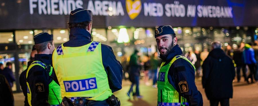 Police officers are pictured ahead of the Euro 2016 play-off football match between Sweden and Denmark at the Friends arena in Solna, Sweded, November 14, 2015. 
