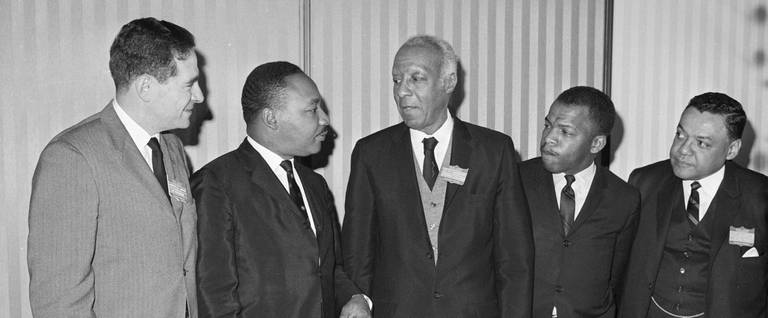 Morris B. Abram, Rev. Martin Luther King, A. Philip Randolph, John Lewis, and William T. Coleman at the launch of the White House Conference on Civil Rights, November 17, 1965.