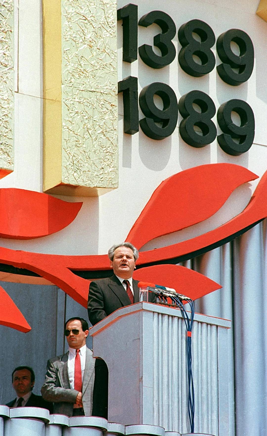 Slobodan Milošević addresses Serbs at Gazimestan, the field in Kosovo where Serbs lost the Battle of Kosovo to the Turks in 1389. The speech was part of a daylong event to mark the 600th anniversary of the battle, June 28, 1989