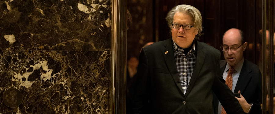 Trump campaign CEO Steve Bannon exits an elevator in the lobby of Trump Tower, November 11, 2016 in New York City. 