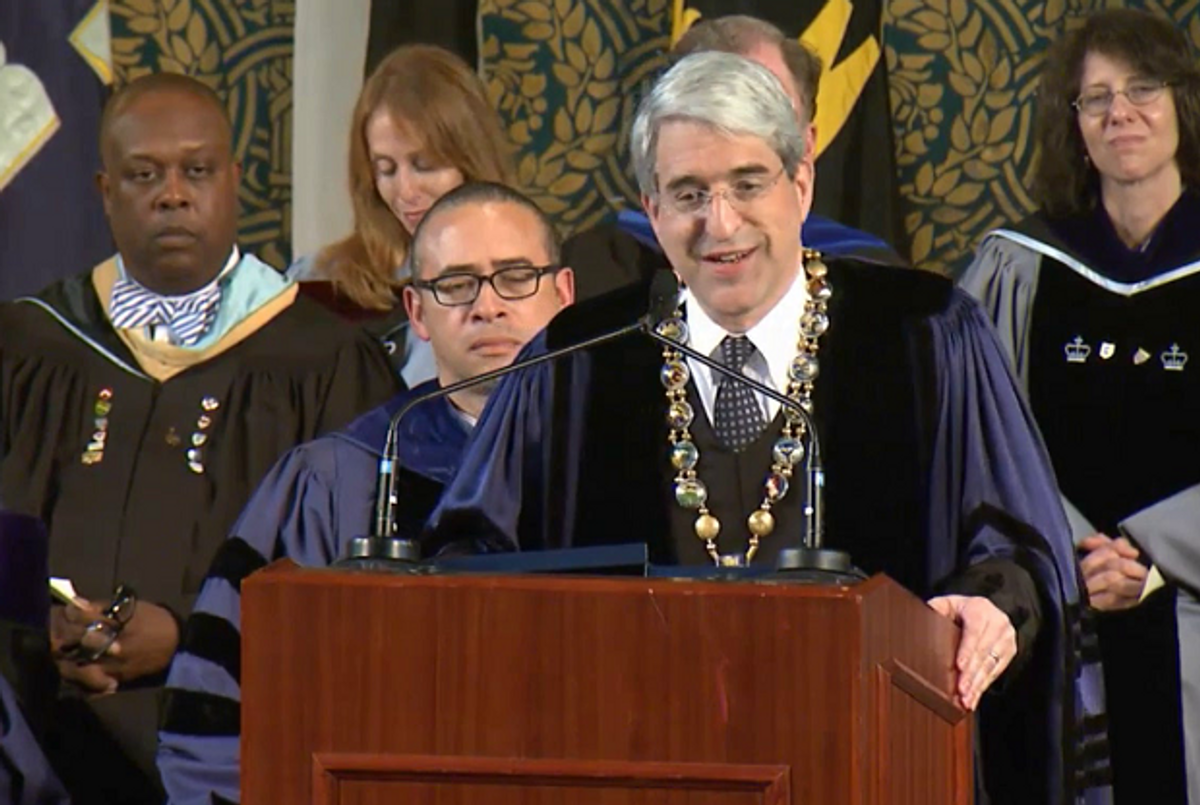 Yale University President Peter Salovey addresses graduating seniors, May 16, 2015. (YouTube)