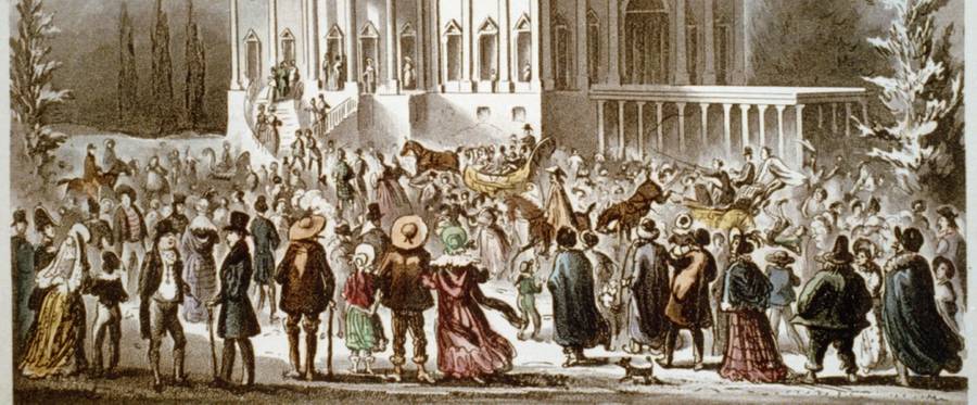 An 1841 illustration by Robert Cruikshank depicts the crowd in front of the White House during Andrew Jackson's first inaugural reception in 1829.